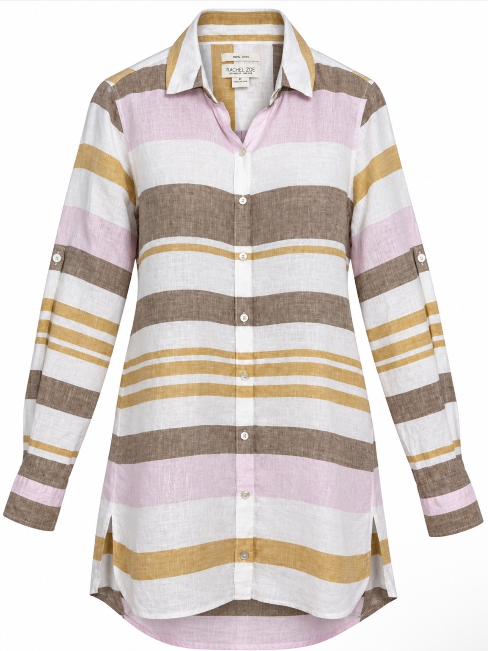 Linen 100% Striped Longline Tunic Shirt M Oversized Resort Boho Rachel Zoe